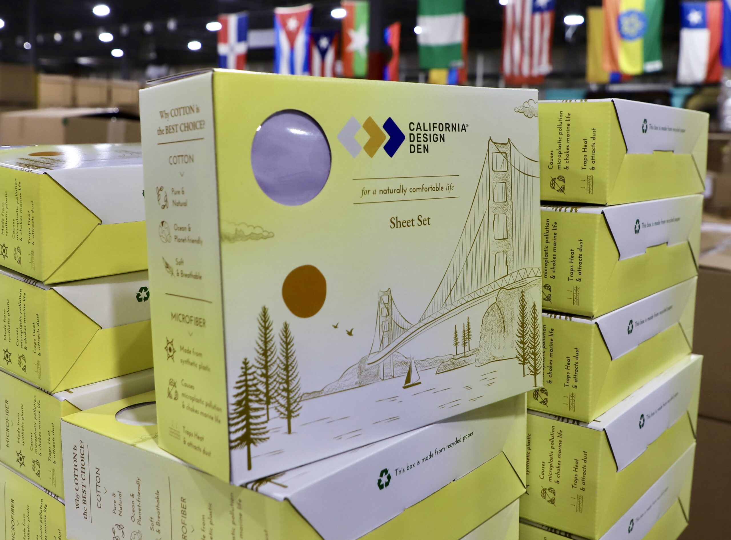 Yellow boxes of bedding product stacked in Warehouse awaiting reverse logistics support.